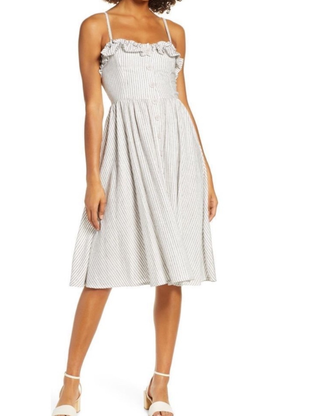 French Connection Button Front Laich Stripe Ruffled Trim Midi Dress New With Tag